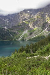 Morskie Oko lake Tatra mountains on cloudy day in summer in Poland