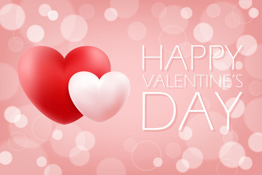 Happy Valentine's Day romantic background with realistic red and pink hearts. 14 february holiday greeting card. Vector Illustration.