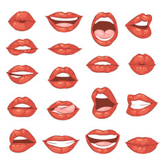 Lip kiss vector cartoon smile and beautiful red lips or fashion lipstick and sexy mouth kissing lovely on valentines day set illustration isolated on white background
