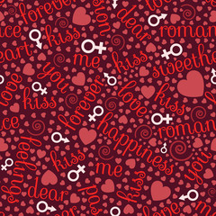 Valentine' Day seamless pattern with romantic words, heart shapes, man and woman symbols of red and white shades