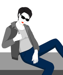 Fashion woman model with short haircut and sunglasses - vector illustration. Portrait of young girl. Pose.
