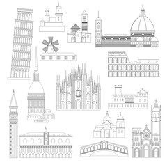 Cartoon Italian symbols and objects set. Popular architectural sights of Italy
