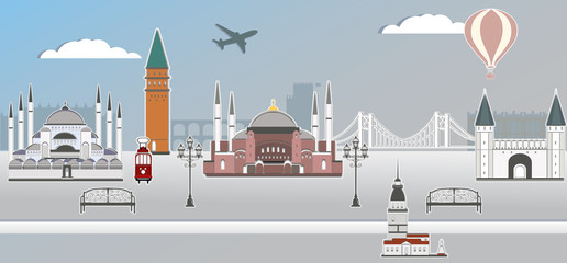 Panorama of Istanbul paper art style vector illustration. Istanbul architecture. Cartoon Turkey symbols and objects. Historical sights. Paper city.