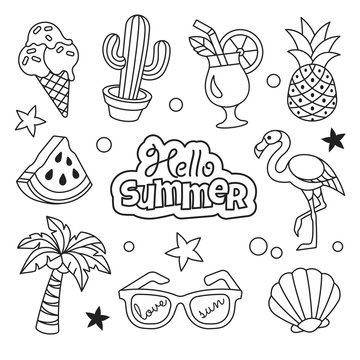 Summer icons collection. Vector illustration of summer outline icons - cactus, flamingo, ice cream, palm, pineapple and sunglasses. Isolated on white.