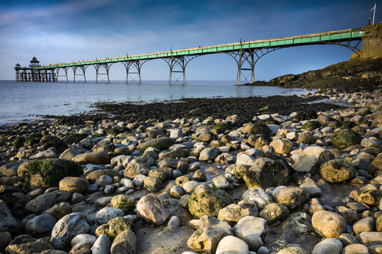Clevedon pier and beach in sunlight on Somerset coast