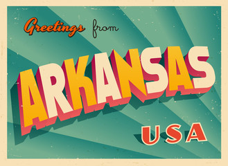 Vintage Touristic Greetings from Arkansas, USA Postcard - Vector EPS10. Grunge effects can be easily removed for a brand new, clean sign.