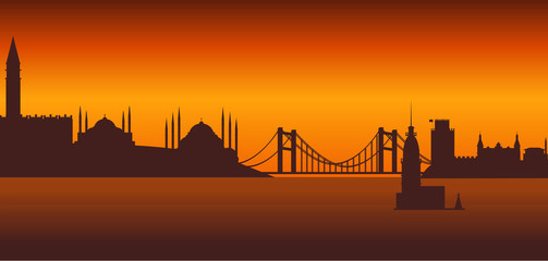 Panorama of night Istanbul flat style vector illustration. Istanbul architecture. Cartoon Turkey symbols and objects