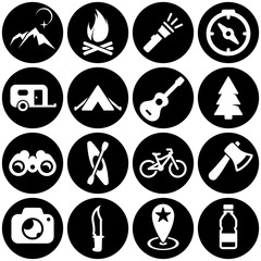 Set of white icons isolated against a black background, on a theme Camping