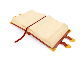 Opened ancient book with red leather cover , blank paper page for mock up, 3D rendering