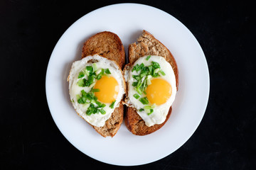 fried egg on toast for breakfast top view