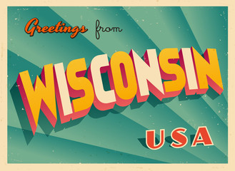 Vintage Touristic Greetings from Wisconsin, USA Postcard - Vector EPS10. Grunge effects can be easily removed for a brand new, clean sign. - obrazy, fototapety, plakaty