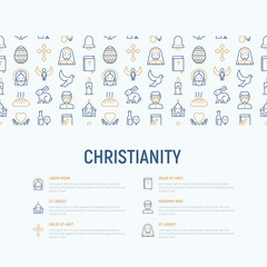 Christianity concept with thin line icons of priest, church, nun, crucifixion, Jesus, bible, dove. Vector illustration for banner, web page, print media.