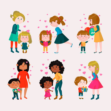 Valentines day vector loving family mothers day mom and kids valentine lovely heart girl or boy kissing and hugging child with gift flowers and balloons illustration isolated on white background