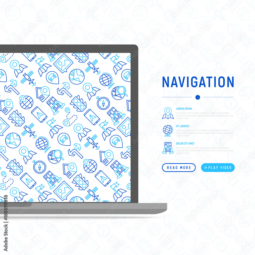 Poster navigation and direction concept with thin line icons set: pointer, compass, navigator on tablet, tr