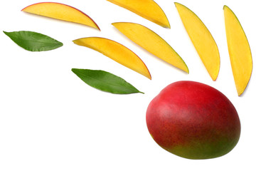 mango slice with green leaves isolated on white background. top view