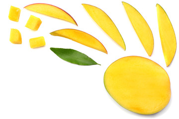 mango slice with green leaves isolated on white background. top view