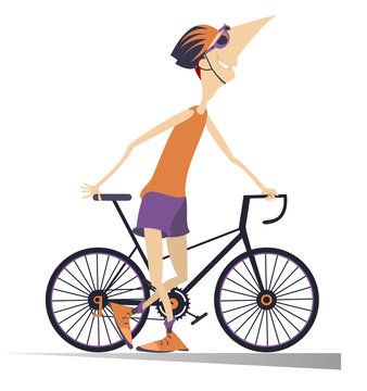 Smiling cyclist stays holding a bike isolated illustration. Cartoon smiling cyclist man in helmet stays holding a bike isolated on white illustration
