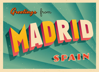 Fototapeta premium Vintage Turystyczny Greeting Card - Madryt, Hiszpania - wektor Eps10. Efekty grunge można łatwo usunąć, aby uzyskać zupełnie nowy, czysty znak.