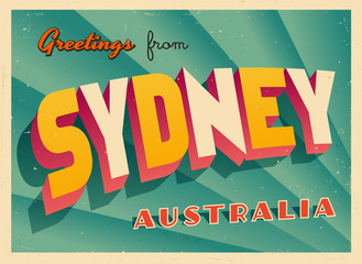 Obraz premium Archiwalne turystyczne karty z pozdrowieniami - Sydney, Australia - wektor Eps10. Efekty grunge można łatwo usunąć, aby uzyskać zupełnie nowy, czysty znak.