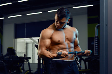 Fototapeta na wymiar Muscular bodybuilder doing exercises on cable crossover machine in gym.Strong athletic man shows body,abdominal muscles,biceps and triceps.Work out,gaining weight,pumping up muscles.