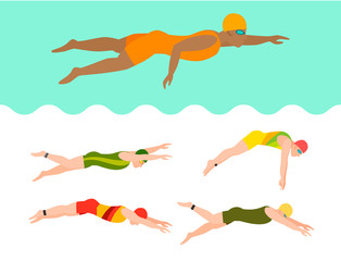 Swimming vector people style scheme different swimmers man and woman in pool sport pose people exercise illustration