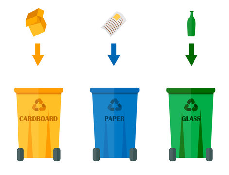 Different recycling garbage waste types sorting processing, treatment remaking trash utilize icons vector illustration.