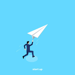 man in a business suit launches a paper plane, an isometric image