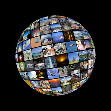 Big Multimedia Video Wall Sphere at tv screens showing living in the world