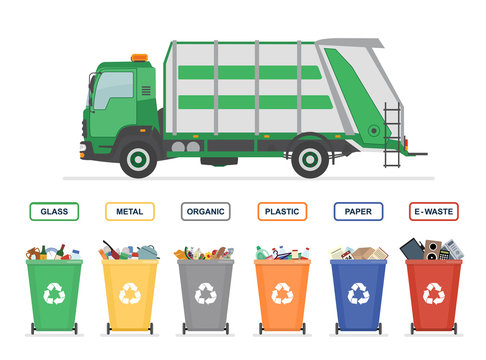 Garbage truck and garbage cans isolated on white background. Sorting garbage. Ecology and recycle concept. Vector illustration. 
