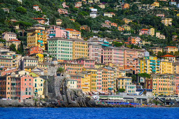 The colorful buildings of Camogli, Italy viewed from the Mediterranean Sea