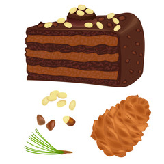 Chocolate cake with nuts. Dessert. Chocolate cake isolated on white background. Vector illustration.