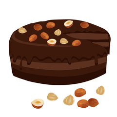 Chocolate cake with nuts. Dessert. Chocolate cake isolated on white background. Vector illustration.