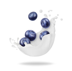 Blueberries in splashes of milk closeup, isolated on white background