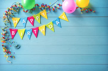 Happy birthday party background with text and colorful tools © Alexander Raths