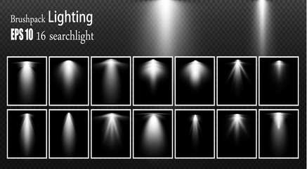 
A set of searchlights. Vector light sources, concert lighting, steel floodlights. Concert spotlight with a beam, illuminated spotlights for web design illustration
