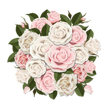 White and pink roses bouquet. Element for floral design of a greeting, wedding or invitation card. Bouquet of decorative garden flower. Bud, petals and leaves of plant.