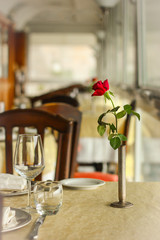 Restaurant table arrangement with rose decoration