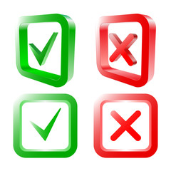 Tick and cross signs. Green checkmark OK and red X icons, isolated on white background. 3D design. YES and NO. Vector illustration