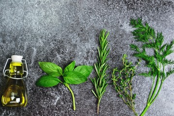 Fresh herbs and spices on the dark background. Top view 