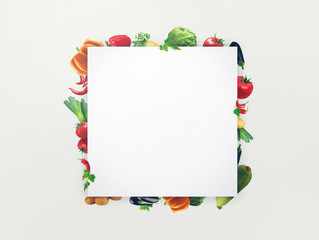 Organic fresh food background and white paper. Food illustration different vegetables isolated white background