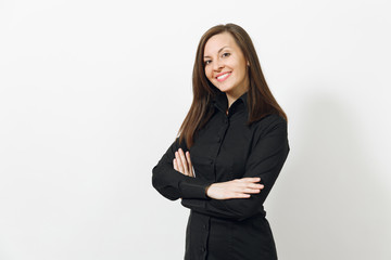 Beautiful happy caucasian young smiling brown-hair business woman in black classic shirt and skirt holding hands crossed isolated on white background. Manager or worker. Copy space for advertisement.