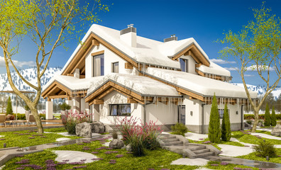 3d rendering of spring modern cozy house in chalet style