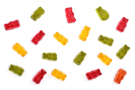 Colorful Eat Gummy Bears Jelly Candy Isolated On White Background. Top View. Flat Lay