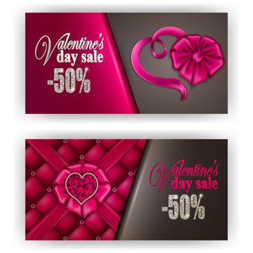 Set of gift vouchers with hearts, diamond for annual, festival sale. Valentine's day vector background. 3d realistic template mockup design for banner, poster, luxury invitation, greeting card, ads.