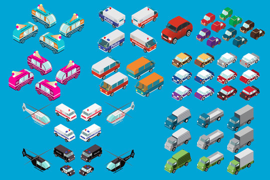 Isometric set of cars, vans, truck with ice cream, sedans, cars of the emergency services. Police vehicle, medical ambulance.  Emergency helicopter.Flat vector.Off-road car.Hospital transport medical.