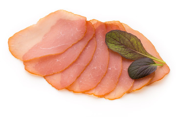 Sliced boiled ham sausage isolated on white background, top view.