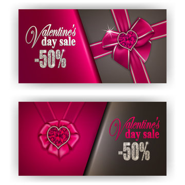 Set of gift vouchers with hearts, diamond for annual, festival sale. Valentine's day vector background. 3d realistic template mockup design for banner, poster, luxury invitation, greeting card, ads.