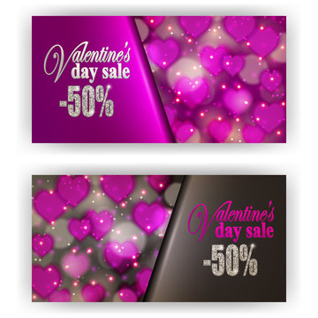Set of gift vouchers with hearts, bokeh for annual, festival sale. Valentine's day vector background. Realistic template mockup design for banner, poster, luxury invitation, greeting, card, ads.