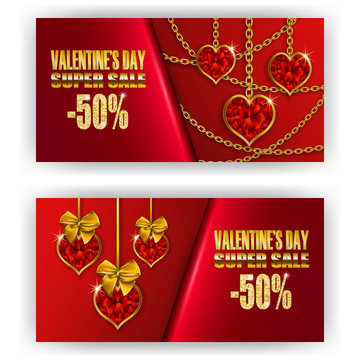 Set of gift vouchers with red hearts, chains for annual, festival sale. Valentine's day vector background. 3d realistic template mockup design for banner, poster, luxury invitation, greeting card, ads