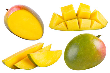 Collection of whole and cut mango isolated on white